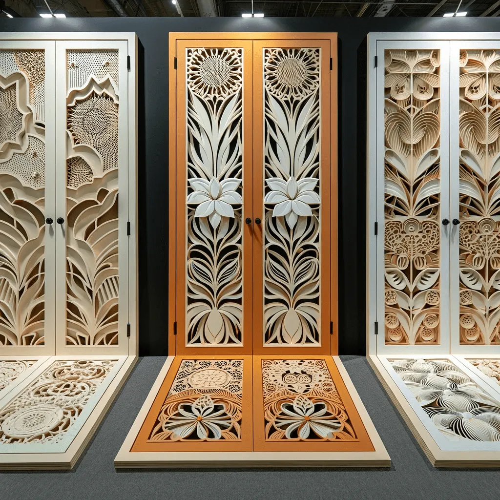 DALL·E 2024 01 13 18.02.17 A display of three to four doors each featuring intricate CNC laser cutting designs in a color scheme of orange white and light green. The doors c min