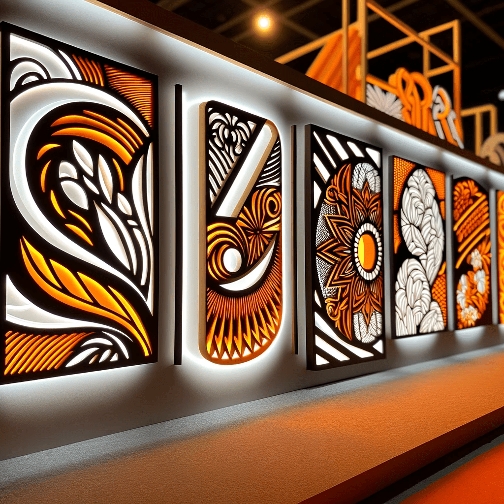 DALL·E 2024 01 13 18.19.37 A display of lighted letter signs each featuring intricate CNC laser cutting designs with a color scheme of orange and white ensuring no black is us min