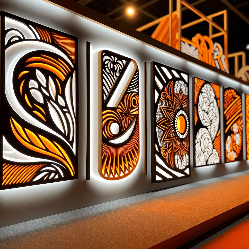 DALL·E 2024 01 13 18.19.37 A display of lighted letter signs each featuring intricate CNC laser cutting designs with a color scheme of orange and white ensuring no black is us min